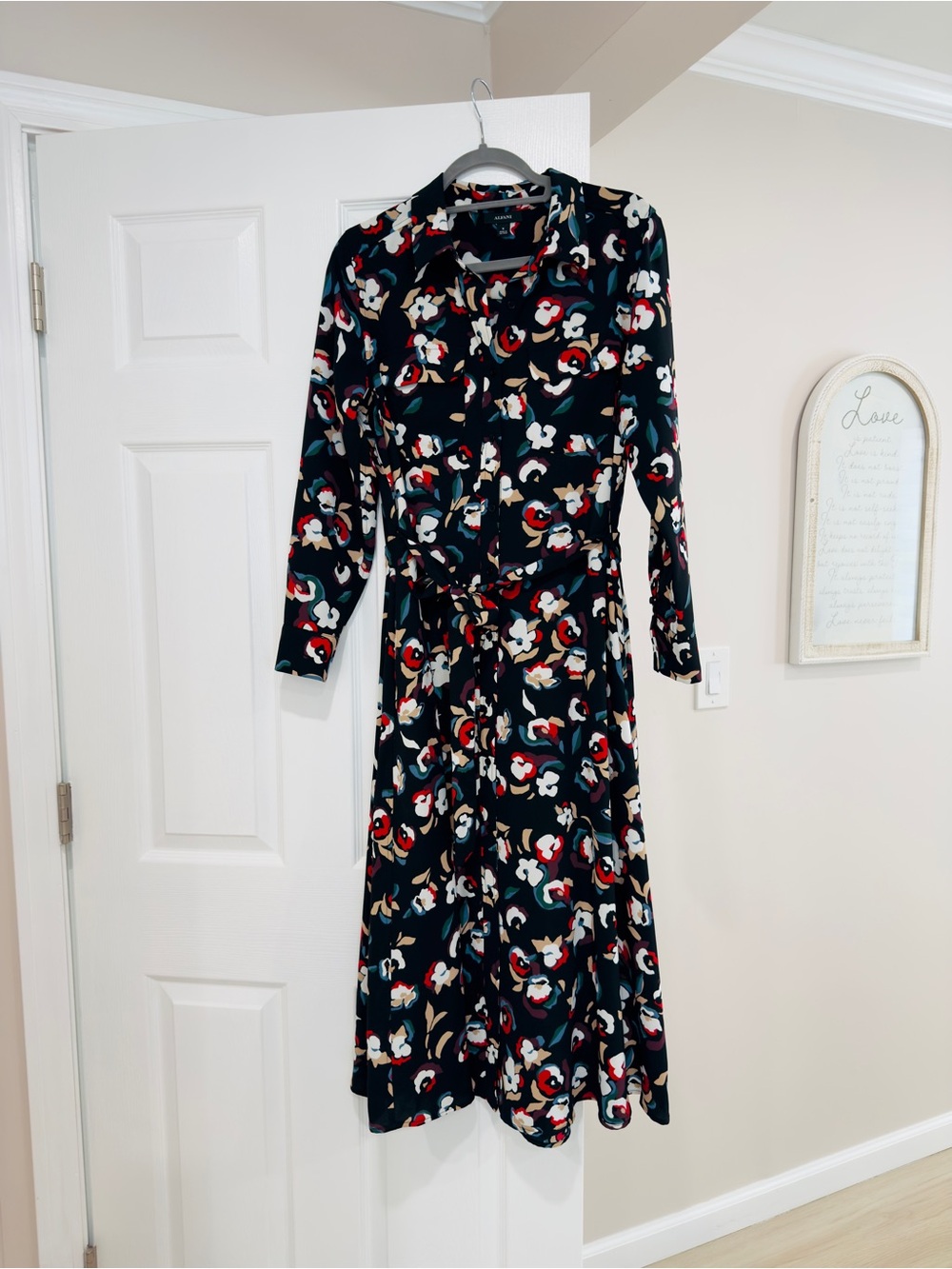 Alfani Black Floral Tie-Waist Long Sleeve Midi Dress